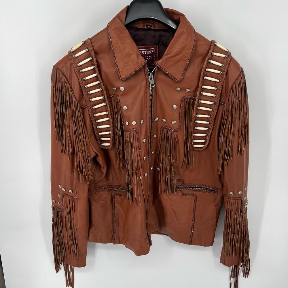 Western World By Shaf‎ Leather Jacket Fringe Beaded Western Cowboy L